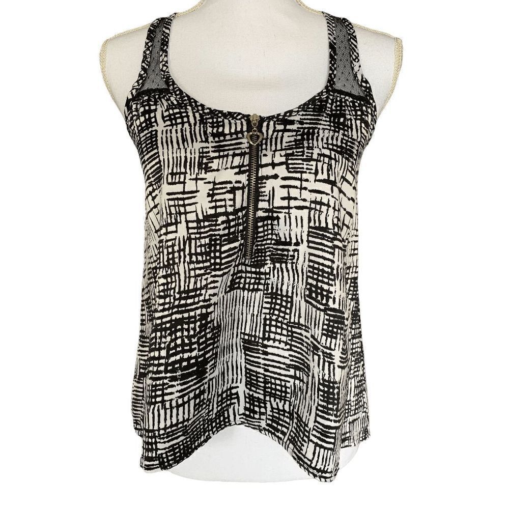 Grass Collection Womens Top Size XS Black White Hi Lo Hem Front Half Zipper Lace